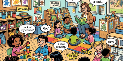 Preschool classroom with children playing, drawing, and listening to a teacher reading.