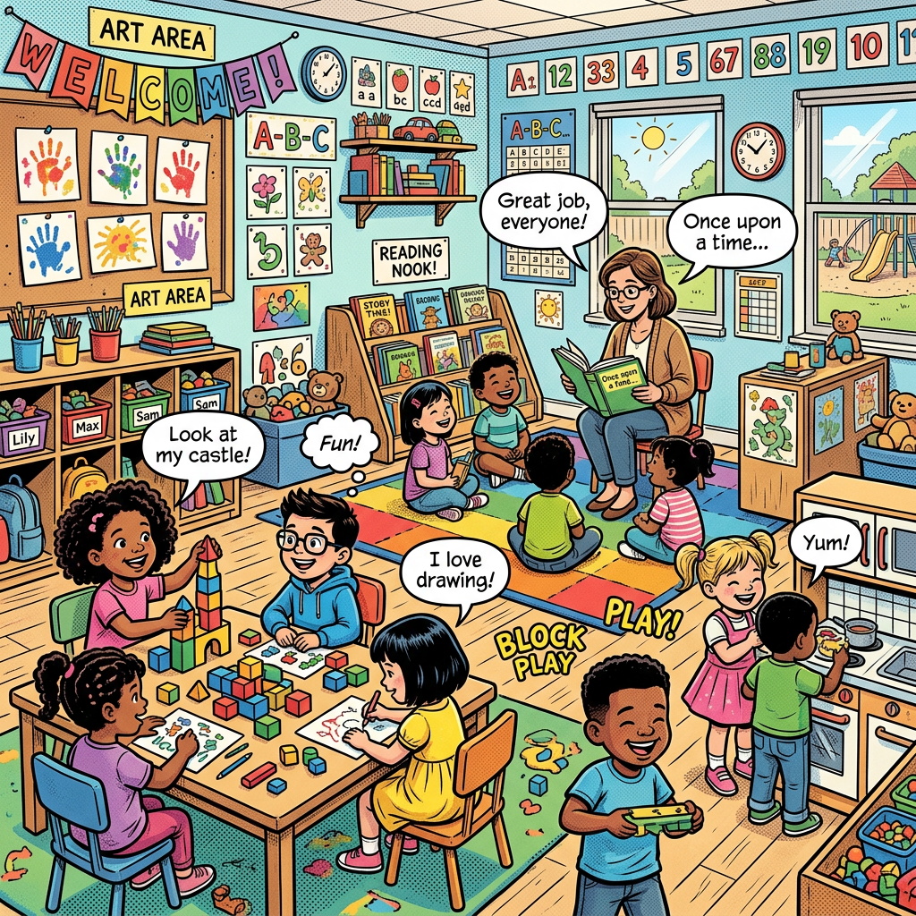 Preschool classroom with children playing, drawing, and listening to a teacher reading.