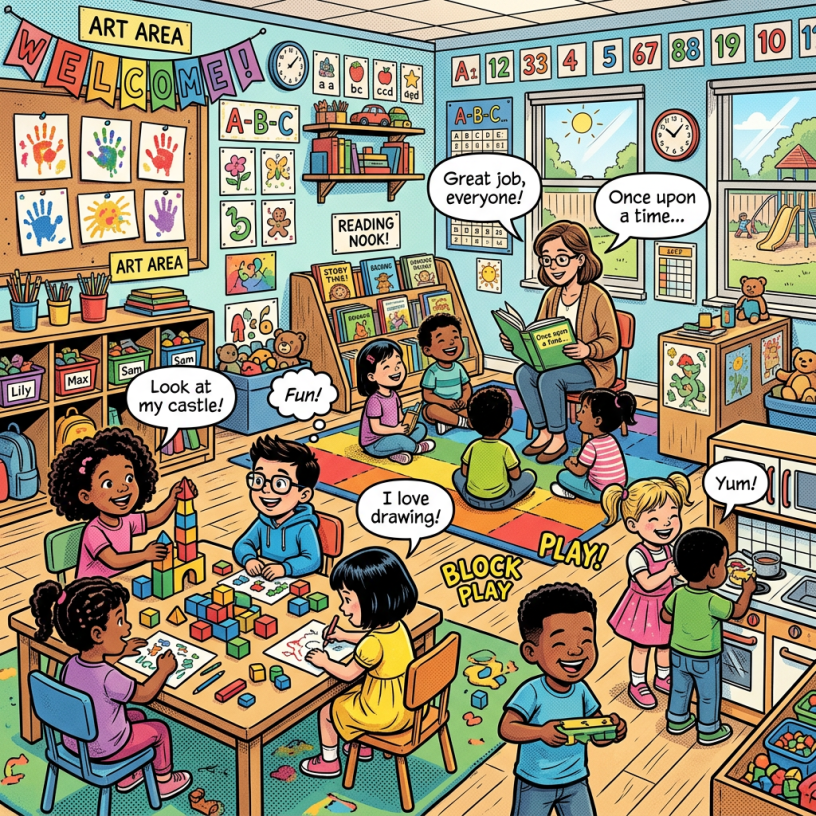 Preschool classroom with children playing, drawing, and listening to a teacher reading.