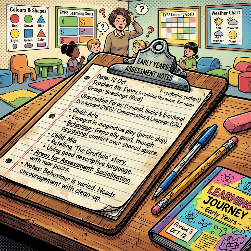 Clipboard with classroom observation notes on a science lesson and students working in the background