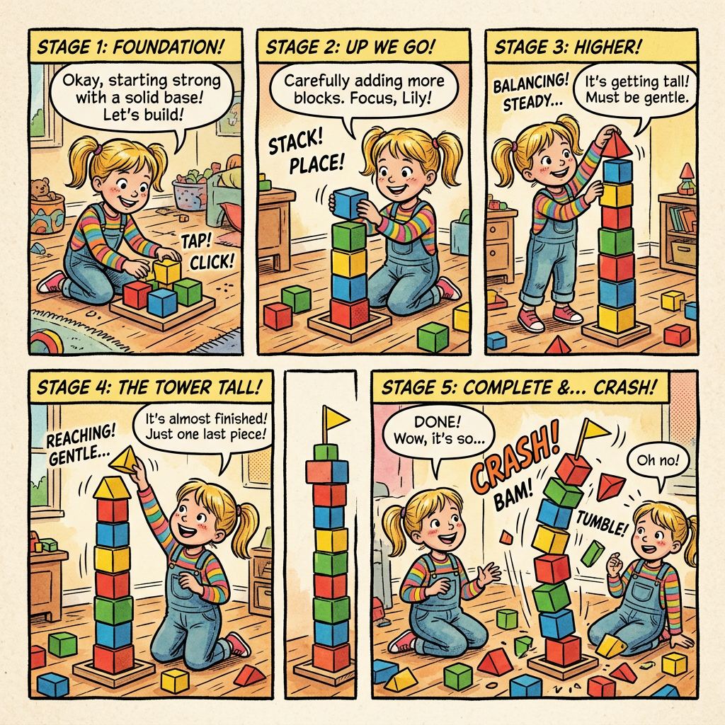 Five panels child building block tower stages