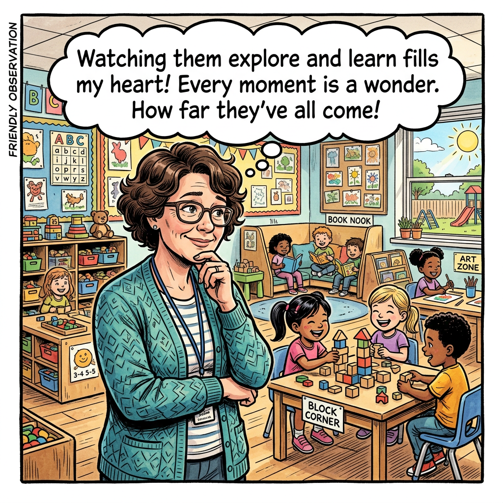 Friendly early years teacher observing classroom thoughtfully