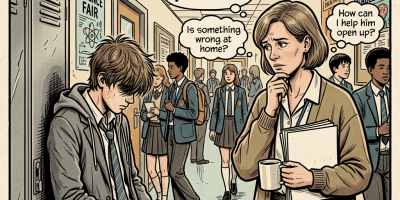 Student looking down quietly in school hallway as a concerned teacher thinks about him