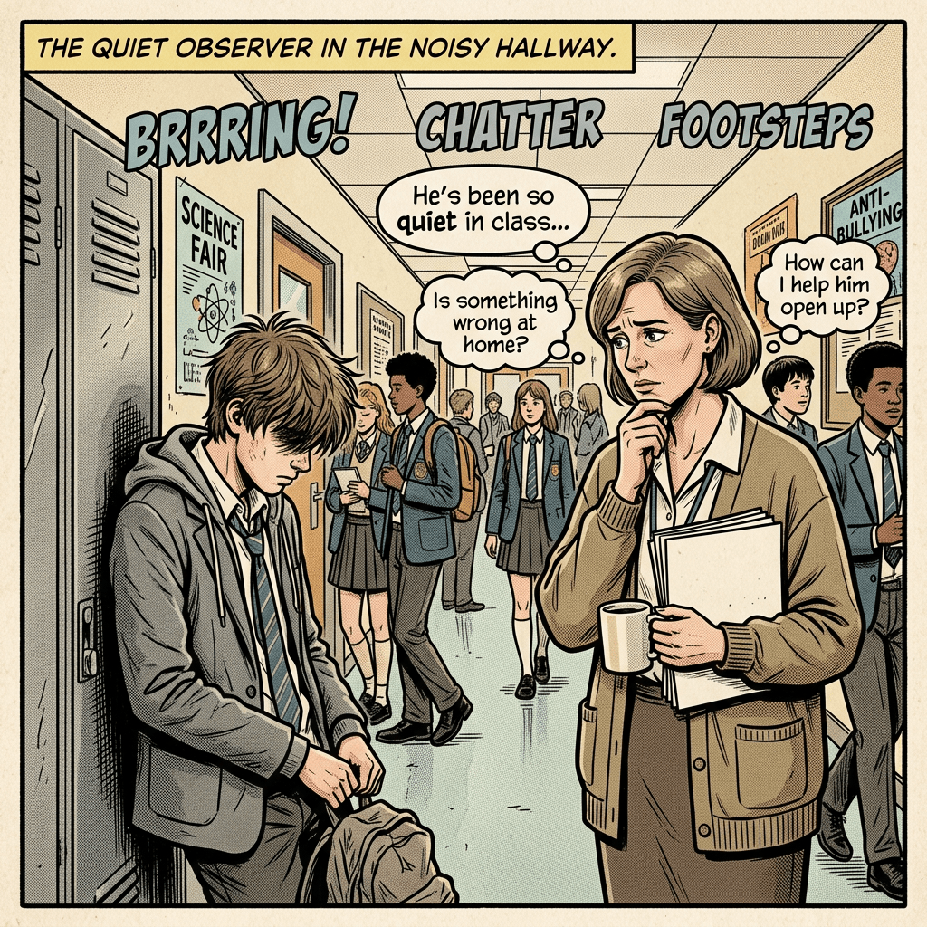 Student looking down quietly in school hallway as a concerned teacher thinks about him