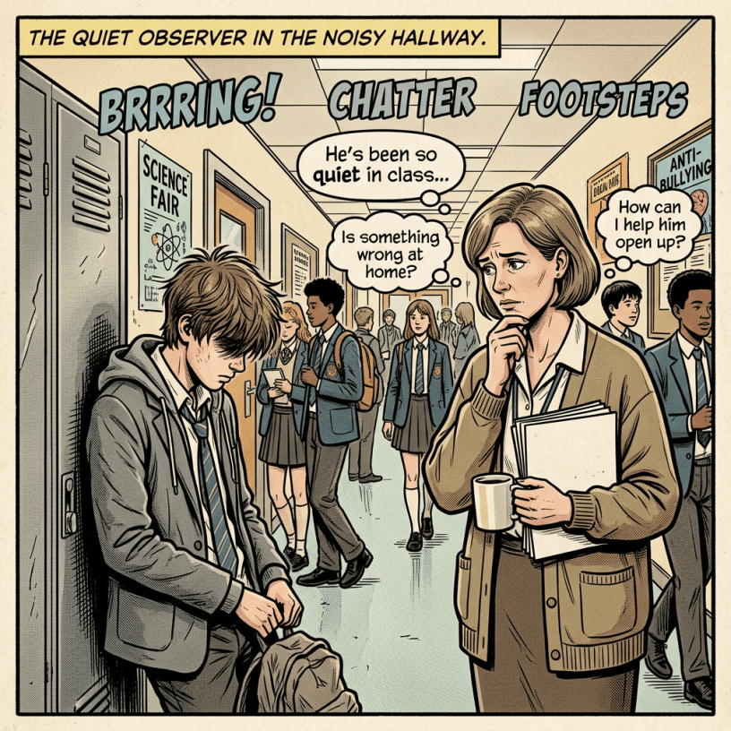 Student looking down quietly in school hallway as a concerned teacher thinks about him