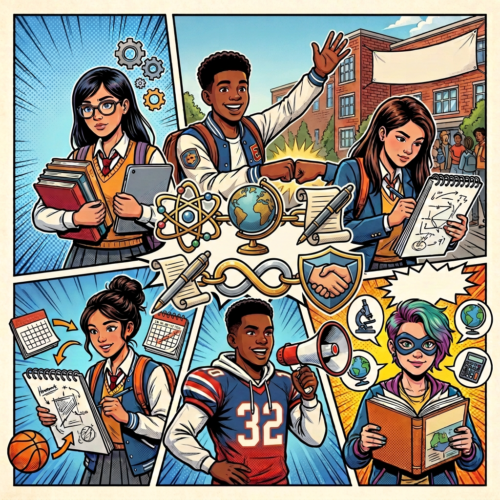 Illustration depicting cognitive, emotional, behavioral, social, and academic focus aspects of secondary school engagement with diverse students.