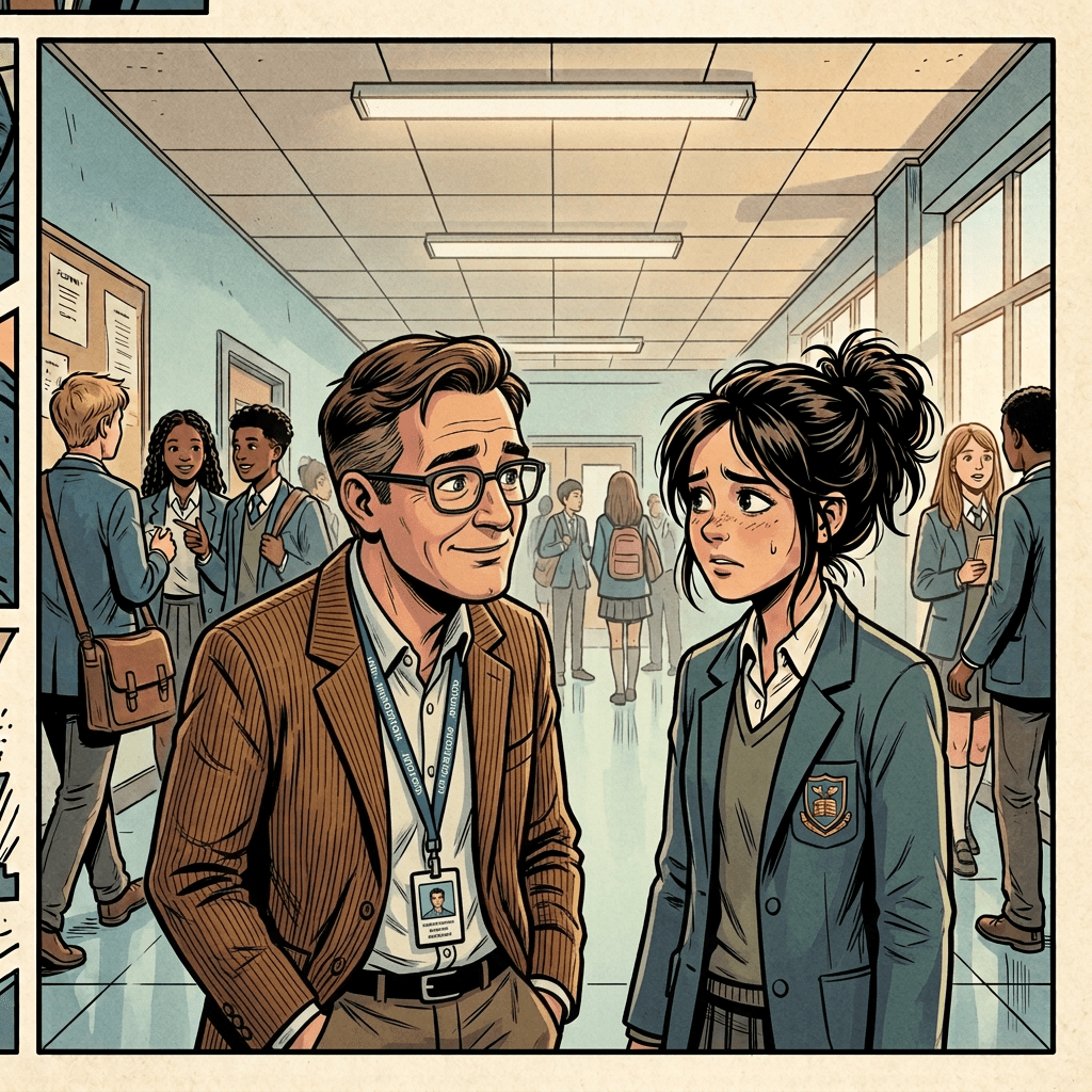 School counselor reassuring anxious female student holding a notebook in a hallway