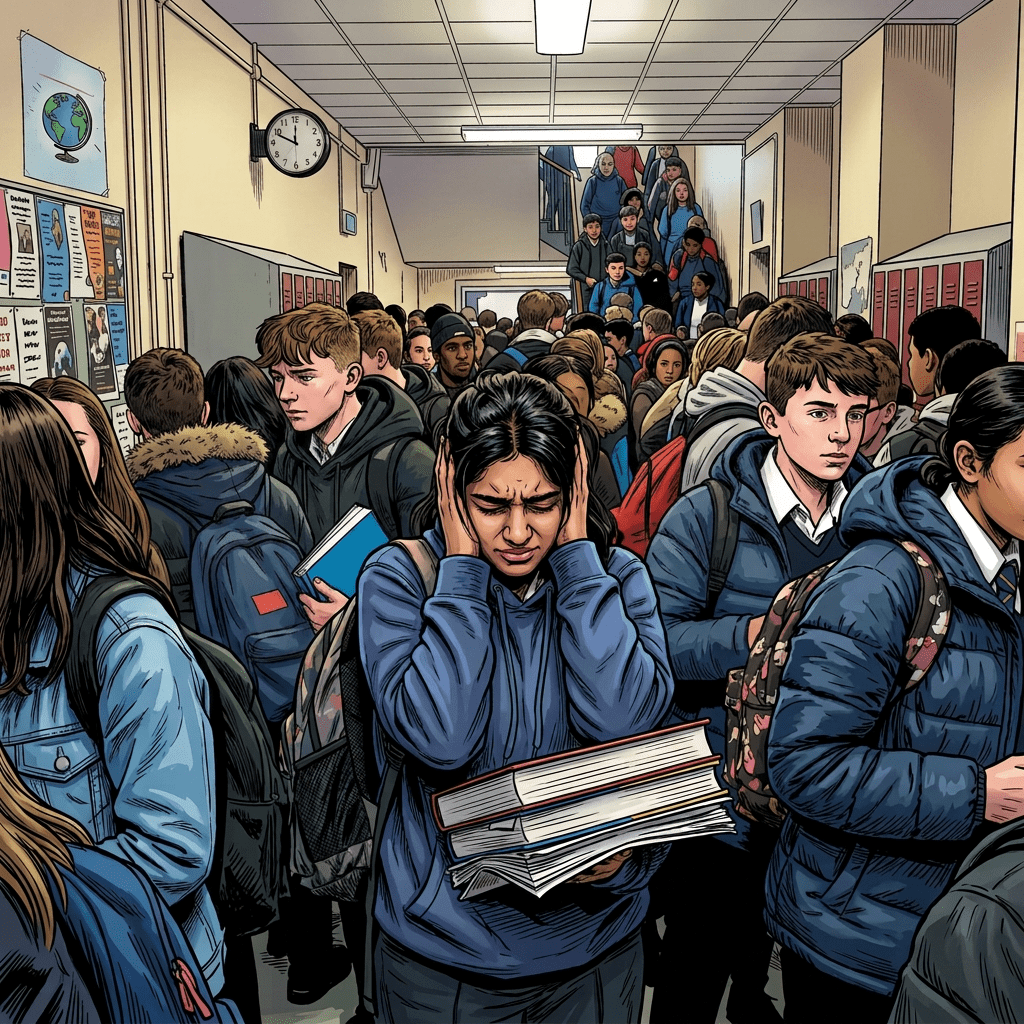 Student covering ears while holding books in a crowded school hallway