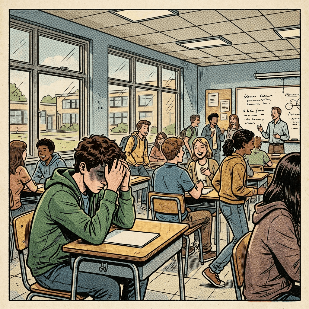 Student with head in hands looking stressed while classmates talk and laugh in a busy classroom