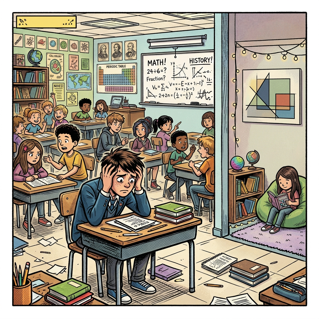 Noisy classroom with stressed boy and quiet calm corner with reading girl