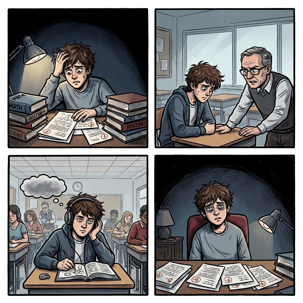 Student overwhelmed by schoolwork, facing conflict with teacher, disengaged in class, and stuck in a cycle of failing grades