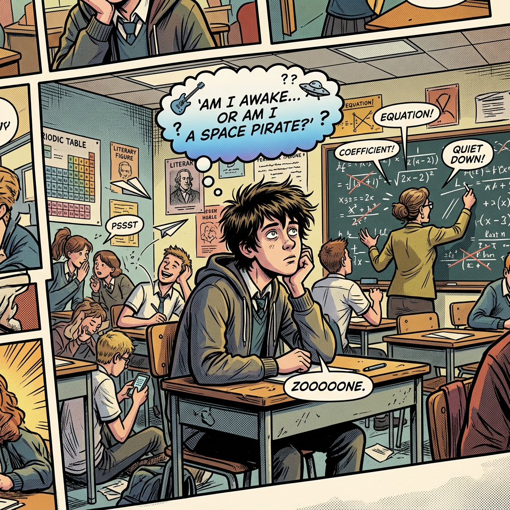 Student at desk thinking 'Am I awake or am I a space pirate?' during math class
