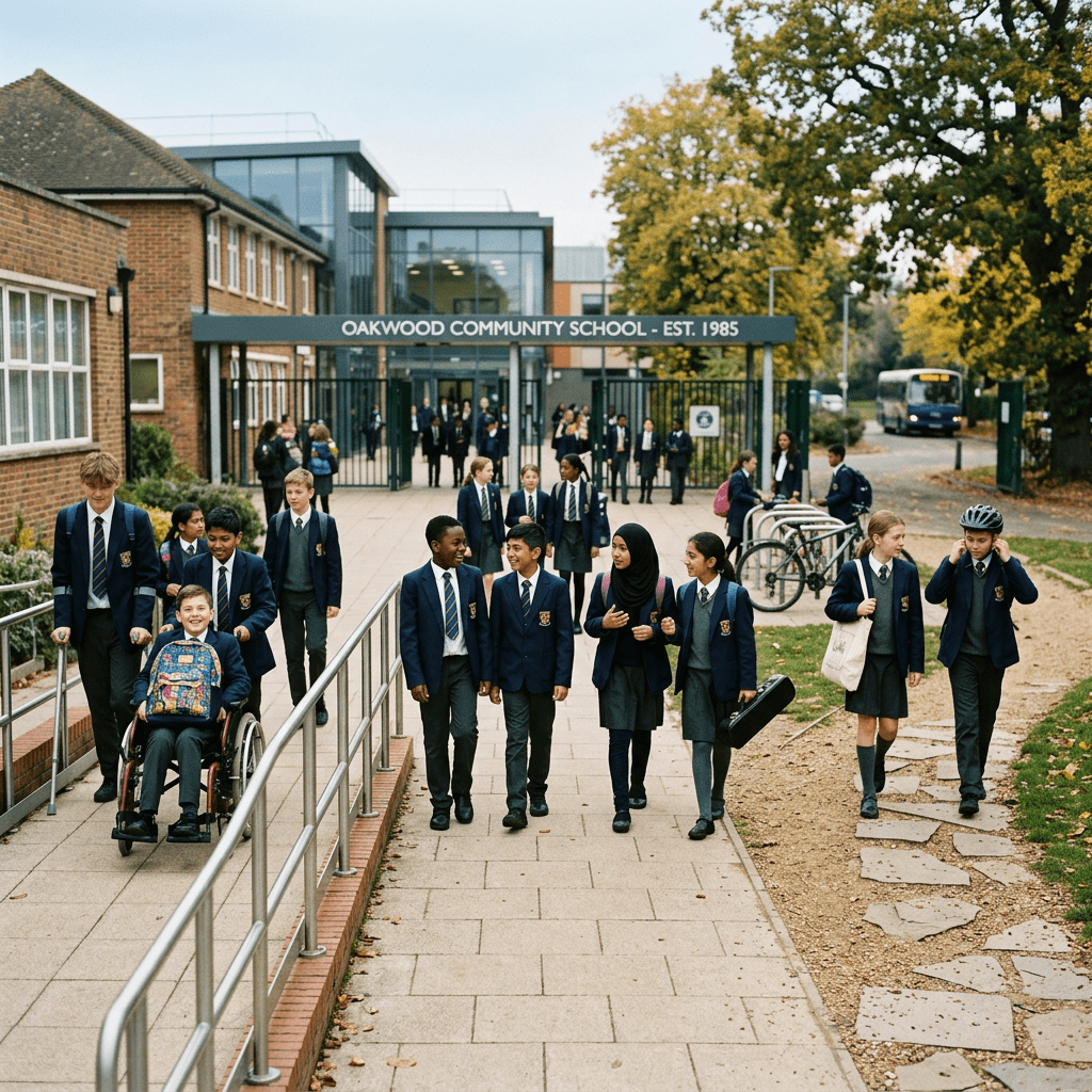 Students in school uniforms exiting Oakwood Community School, some walking, one in a wheelchair