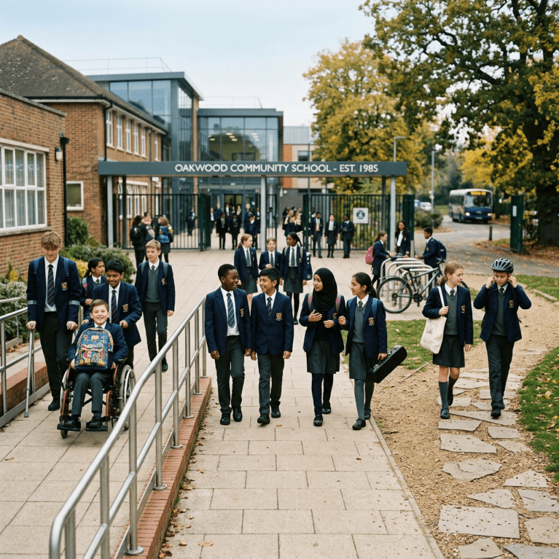 Students in school uniforms exiting Oakwood Community School, some walking, one in a wheelchair