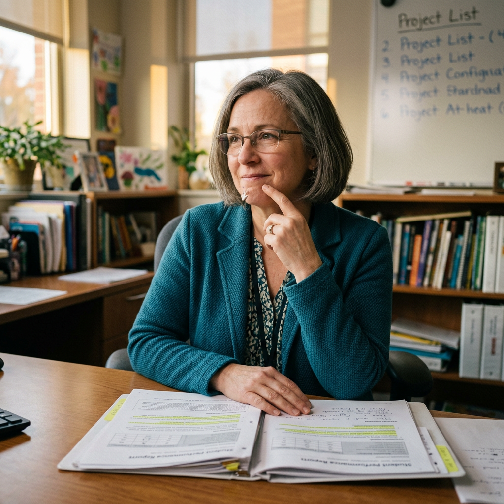 Woman in glasses sitting at desk with open research papers in office