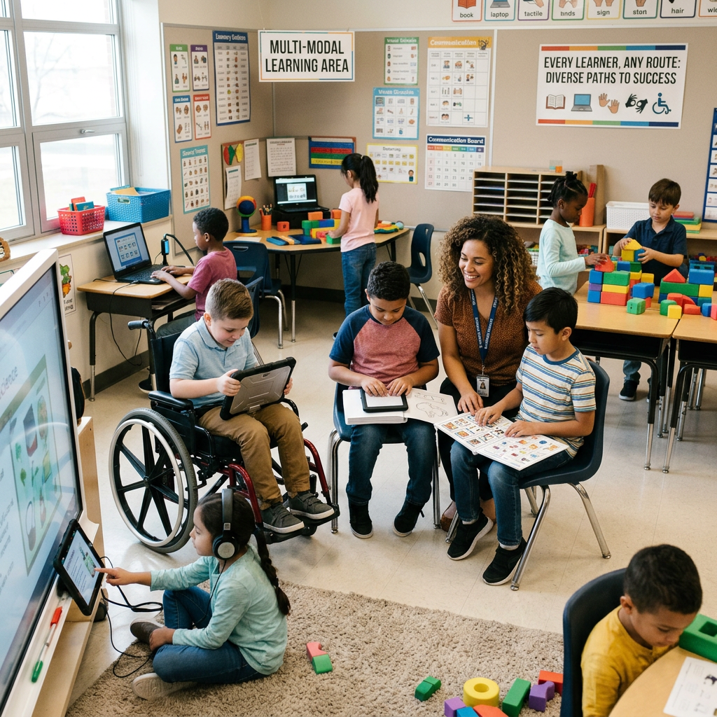 Classroom with children using tablets, blocks, and assistive devices for inclusive learning