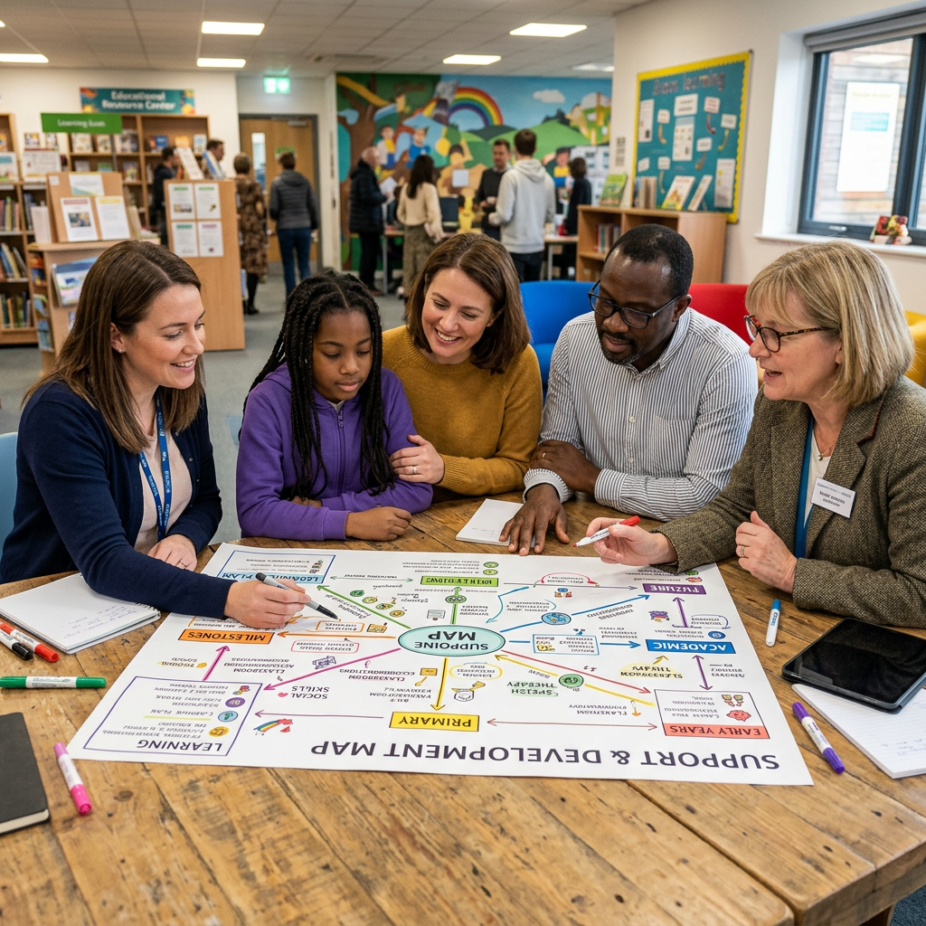 Specialist, teacher, pupil, family reviewing support map together