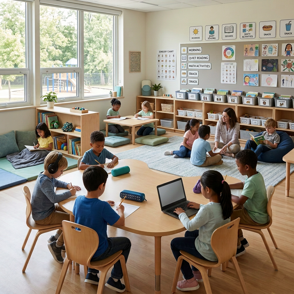 Elementary students and teacher engaged in reading and writing activities in a classroom with educational posters and books